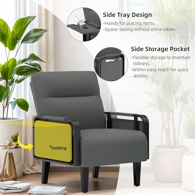 Upholstered Faux Leather Accent Chair Set of 2 Armchair with Tray Table Comfy Reading Chair for Living Room Bedroom Guest Room Gray