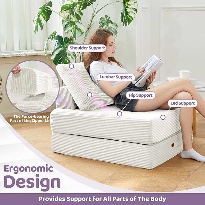 Folding Sofa Bed Chair Sleeper Chair for Adults with High-Density Foam and PillowPortable 3 in 1Folding Chair Bed for Living Room、Apartment 、HotelSingle Creamy Apricot