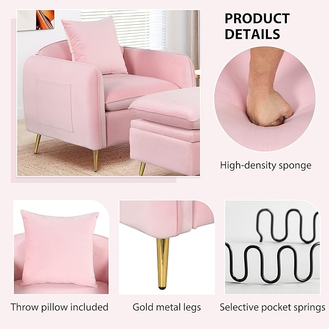 35.2 Modern Accent ChairSingle Sofa Chair with Ottoman Foot Rest and Pillow for Living Room Bedroom Small Spaces Apartment OfficePink