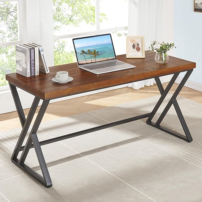 Solid Wood Computer Desk Modern Real Wood Home Office Desk Long Rustic Farmhouse Natural Wood Writing Desk Executive Workstation PC Desk Table for Living Room Bedroom Brown 55 inch