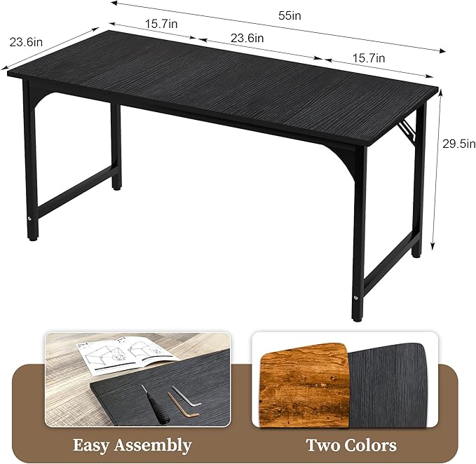 AZN Computer Desk 55in Computer Desk Office Desk w/Sturdy Metal Frame Office Desk w/Water-Resistant Scratchproof Surface Home Office Desks w/Large Legroom for Work Study Writing Gaming Black