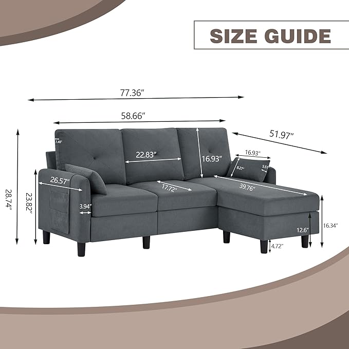 Small Sectional Sofa 3 Seat L-Shaped Couch Convertible Sectional Sofa with Reversible Chaise Modern Linen Fabric Sofa Couches for Living RoomSmall Apartment Dark Grey