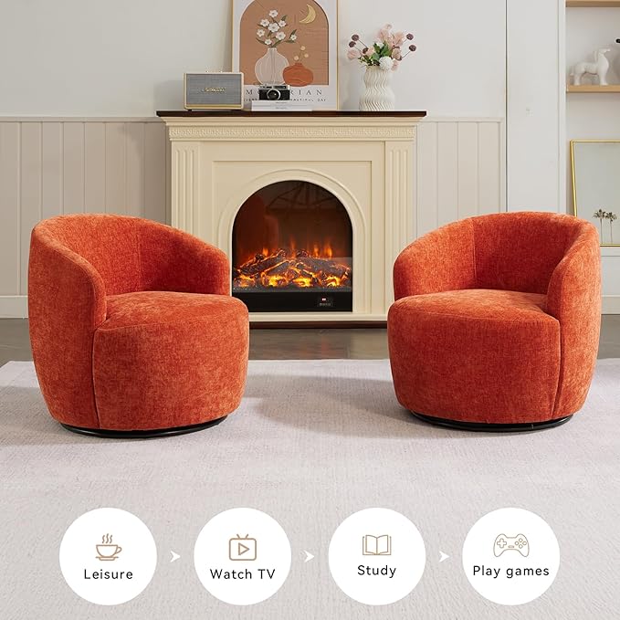 360 Degree Swivel Accent Chair Modern Barrel Vanity Chair with Back Comfy Single Circle Couch for Living Room Bedroom Reading Nook (Chenille Orange)