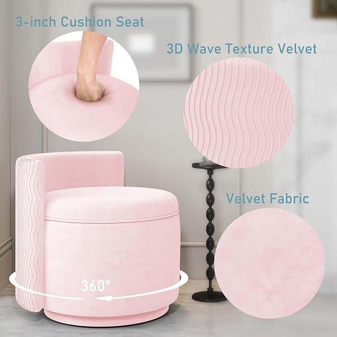 360° Swivel Accent Chair with Storage Vanity Stool with Back Velvet Storage Ottoman Upholstered Round Barrel Vanity Chair for Living Room Makeup Room Bedroom (Pink)