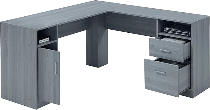 Techni Mobili Functional L-Shaped Computer Desk with storage L is ⁠59.5 wide x 59.5 Long Grey