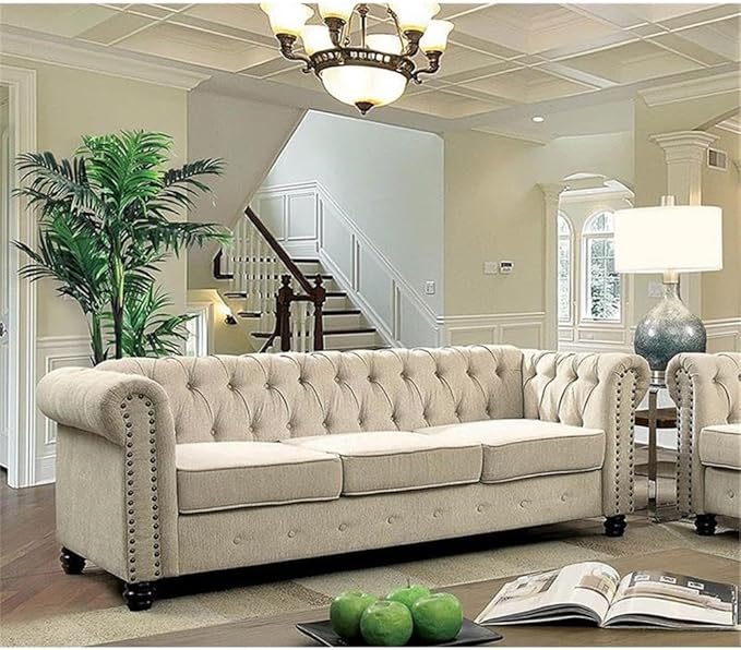 5STARS N&ampR RN Furnishings Chesterfield 81 Button Tufted Linen Fabric Sofa-Beige