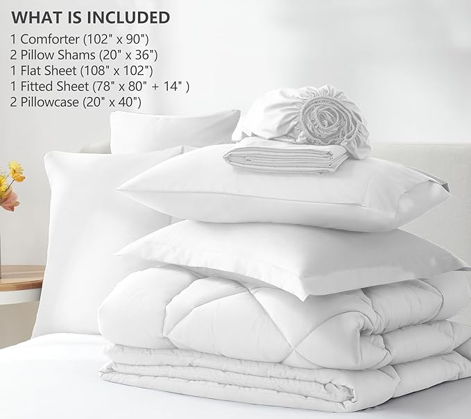 CozyLux King Size Comforter Set White - 7 Pieces Bed in a Bag King Luxury Soft Bed Set for All Seasons Bedding Set with Down Alternative Comforter Sheets Pillowcases &amp Shams