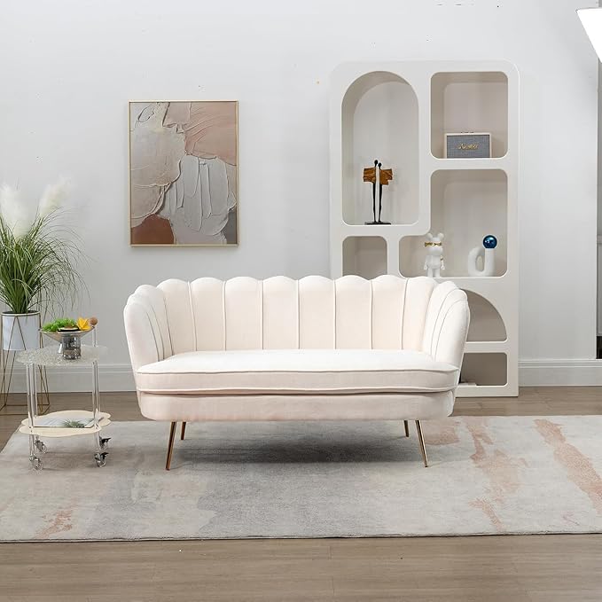 Anwick 59 Small Modern Chenille Loveseat Sofa 2-Seater Sofa with Gold Metal Legs Small Couch with Flower Shaped Back for Living Room Bedroom Office (Beige)