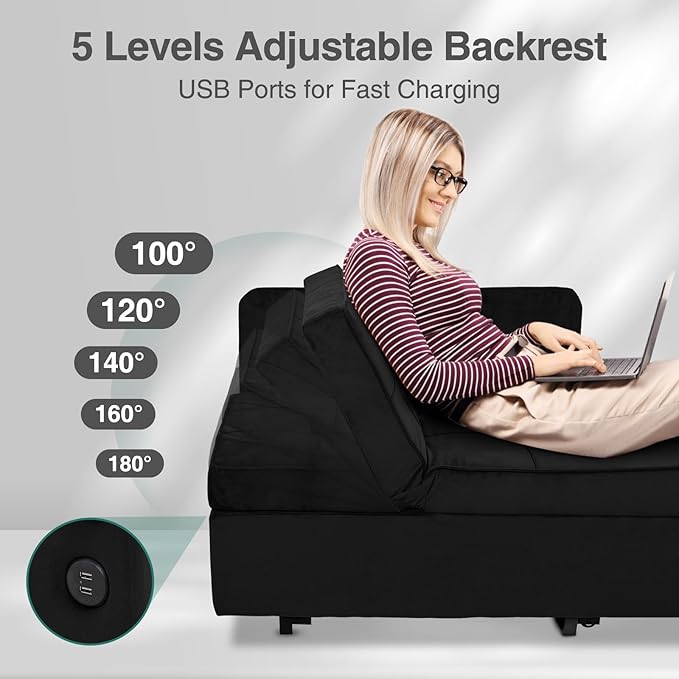 Sleeper Sofa Bed Convertible 4-in-1 Pull Out Couch with 5 Adjustable Backrest Modern Velvet Sofa with USB Ports &amp Storage Pocket (Includes Pillow) for Living Room BedroomApartment Black