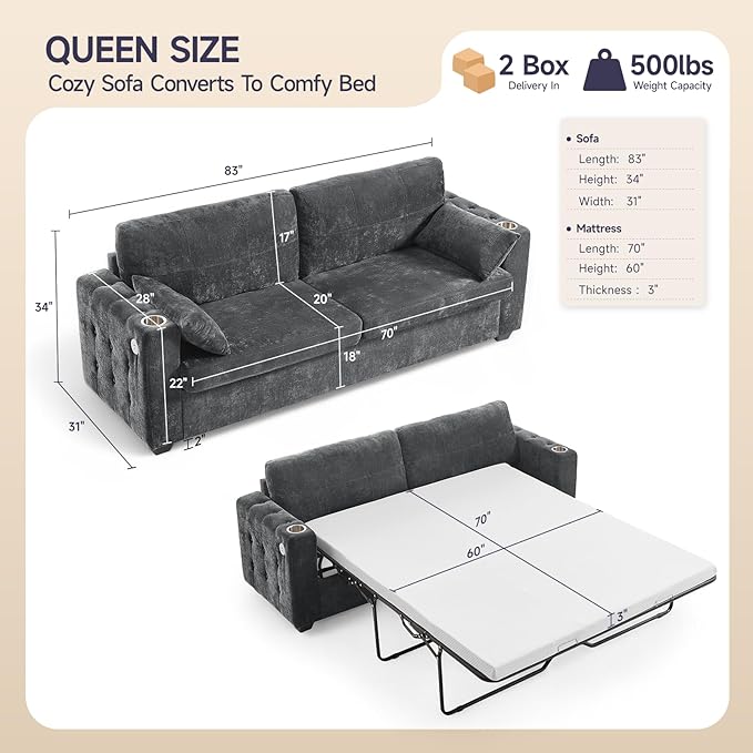 ONBRILL 83 Pull Out Sofa Bed2-in-1 Chenille Queen Size Loveseat Sleeper Sofa with Cup Holder USB PortMemory Form Couch for Living Room Apartment and Small SpaceGrey | sofa bed queen size