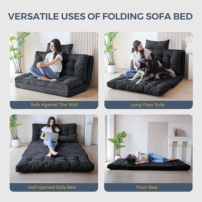 MAXYOYO Folding Sofa Bed Tufted Bean Bag Bed with Pillows Floor Mattress for Adults Extra Thick and Long Floor Sofa Twin Couch for Bedroom Living Room Black 39x91 Inch