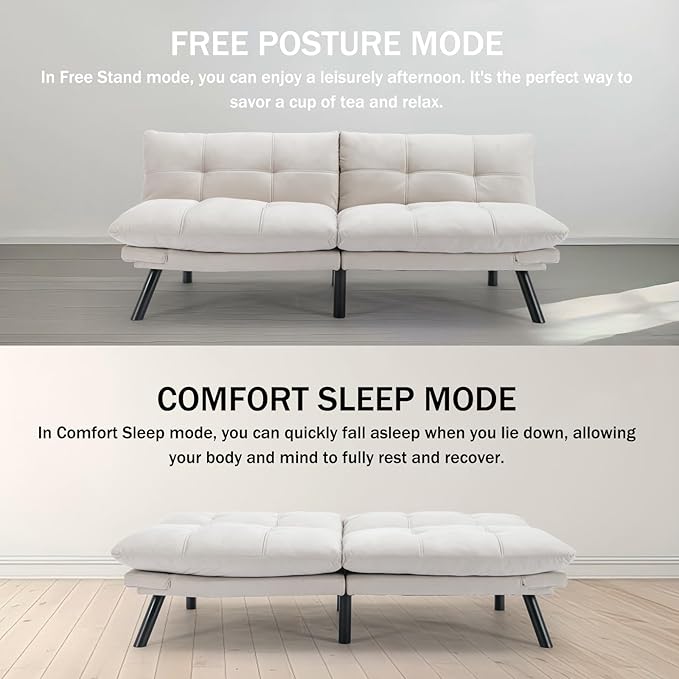 Convertible Futon Double Sofa Bed2 in 1 with Adjustable Backrest Memory Foam Loveseat for Living Room Bedroom Office Apartment Compact Sofa(Beige)