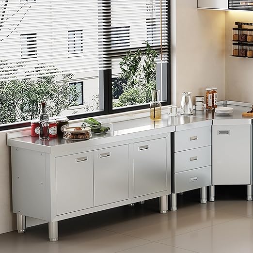 WWK 47 x 21 Stainless Steel Prep Table with Cabinet Commercial Kitchen Table for Prep &amp Work Heavy Duty Work Table with 3 Doors for Kitchen Restaurant Hotel Garage and Cafe