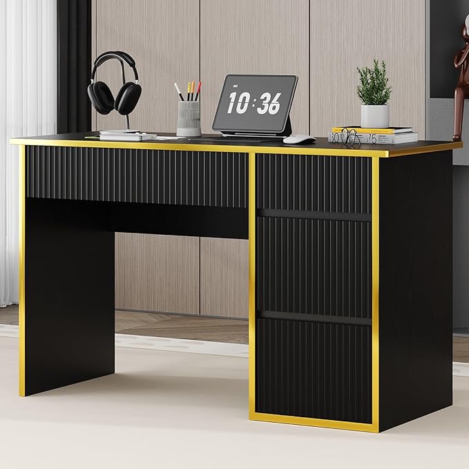 4 EVER WINNER 47 Inch Computer Desk with 4 Drawers Black &amp Gold Modern Home Office Desk Writing Study Gaming Desk for Bedroom Small Space Sturdy Wood Desk with Hidden Handle