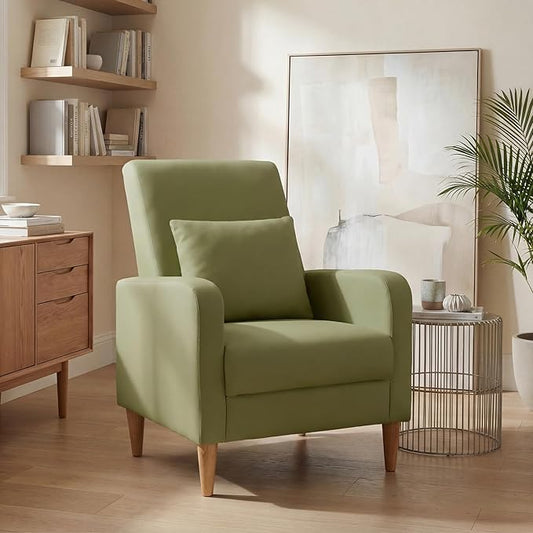 COLAMY Mid-Century Modern Upholstered Accent Chair with Back Pillow &amp Solid Wood Legs Leather Cozy Armchair for Living Room Bedroom Reading Nook Apartment &amp Small Spaces Green