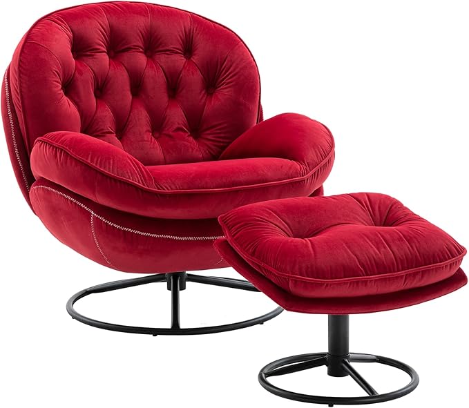 Accent Chair TV Chair Living Room Chair with Ottoman Dark RED