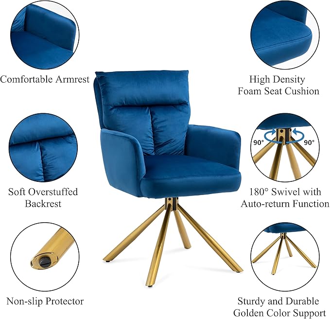 NORDICANA 180° Swivel Velvet Living Room Chair Modern Dining Armchair with Golden Legs Ergonomic Upholstered Accent Chair Single Sofa for Bedroom Reading Home Office Navy Blue