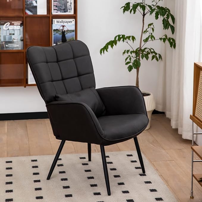 Leather Armchair Modern Accent Chair High Back Living Room Chairs with Metal Legs and Soft Padded Sofa Chairs for Home OfficeBedroomDining Room (Grey 1pc)