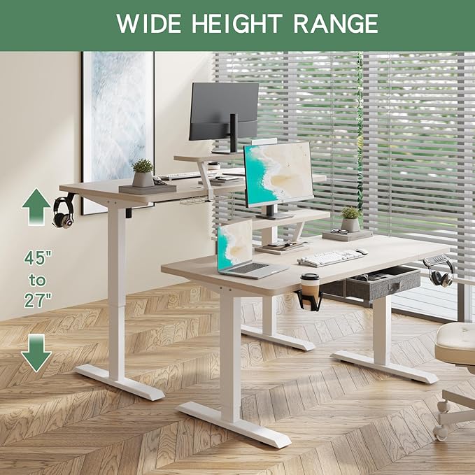 Height Adjustable Electric Standing Desk with One Drawer Table with Storage Shelf Sit &amp Stand Home Office Desk with Storage Space (Oak 55x30)