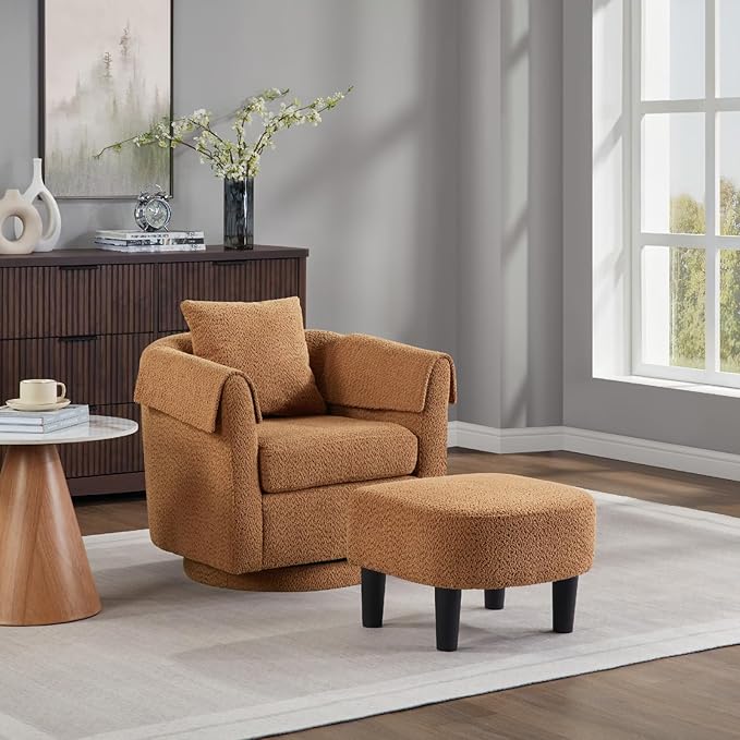 Swivel Accent Chair with Ottoman Modern Chenille Comfortable Bucket Chair with Removable Pillow Small Couch Barrel Armchair for Small Spaces Living Room Bedroom Office (Yellow)