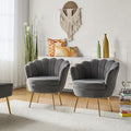HULALA HOME Modern Velvet Accent Chairs Set of 2 with Shell Shaped Back Cute Living Room Bedroom Armchairs with Gold Legs Comfy Upholstered Vanity Chairs for Makeup Room Grey