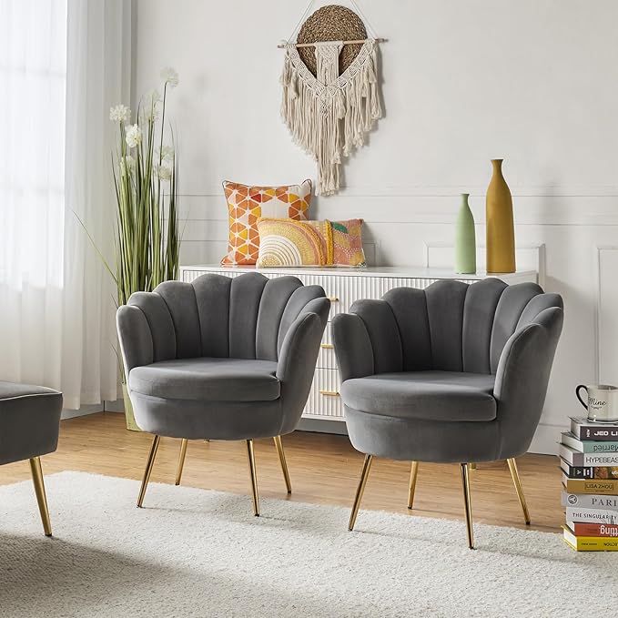 HULALA HOME Modern Velvet Accent Chairs Set of 2 with Shell Shaped Back Cute Living Room Bedroom Armchairs with Gold Legs Comfy Upholstered Vanity Chairs for Makeup Room Grey