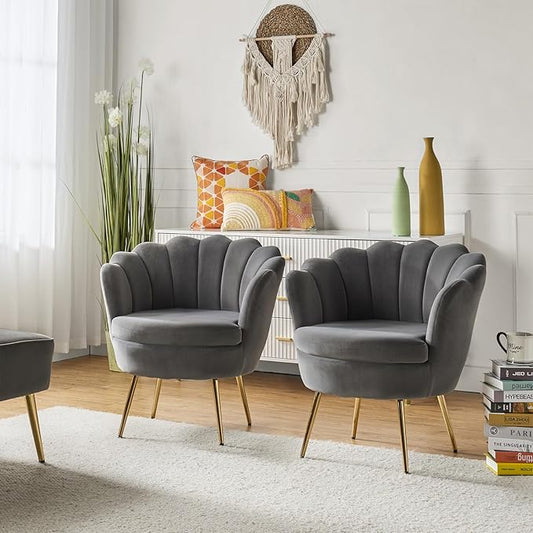 HULALA HOME Modern Velvet Accent Chairs Set of 2 with Shell Shaped Back Cute Living Room Bedroom Armchairs with Gold Legs Comfy Upholstered Vanity Chairs for Makeup Room Grey