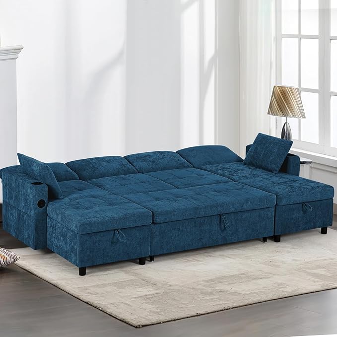 110 Sectional Pull Out Sofa Bed with Adjustable Backrests U-Shaped Sleeper Sofa with USB Ports Upholstered Reversible Couch with Cup Holder &amp Storage Space for Living Room House Blue