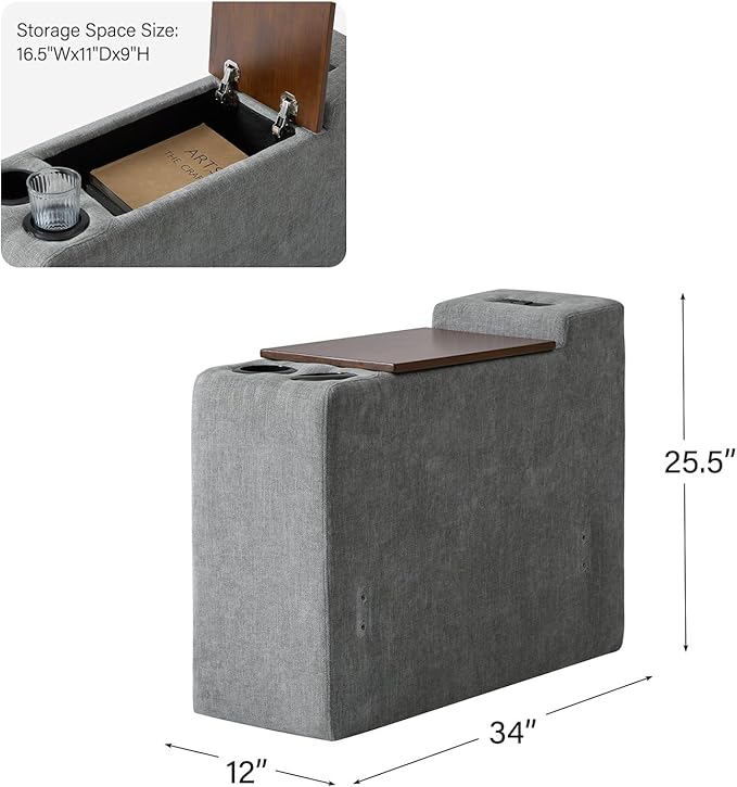 EcoHarbor Living Modular Sofa Center Console with Tabletop &amp Dual Charging Ports Multi-Functional Sectional Organizer tith Cup Holder &amp USB Charger for Customizable Sofa Configurations Grey