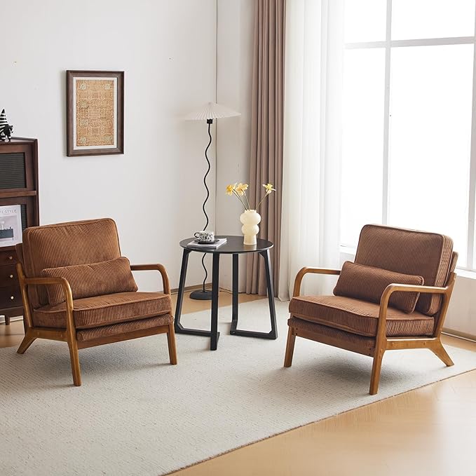 Karl home Mid-Century Modern Accent Chair Living Room Chairs with Pillow Corduroy Upholstered Lounge Armchair with Solid Wood Frame &amp Soft Cushion for Bedroom Reading Room Brown