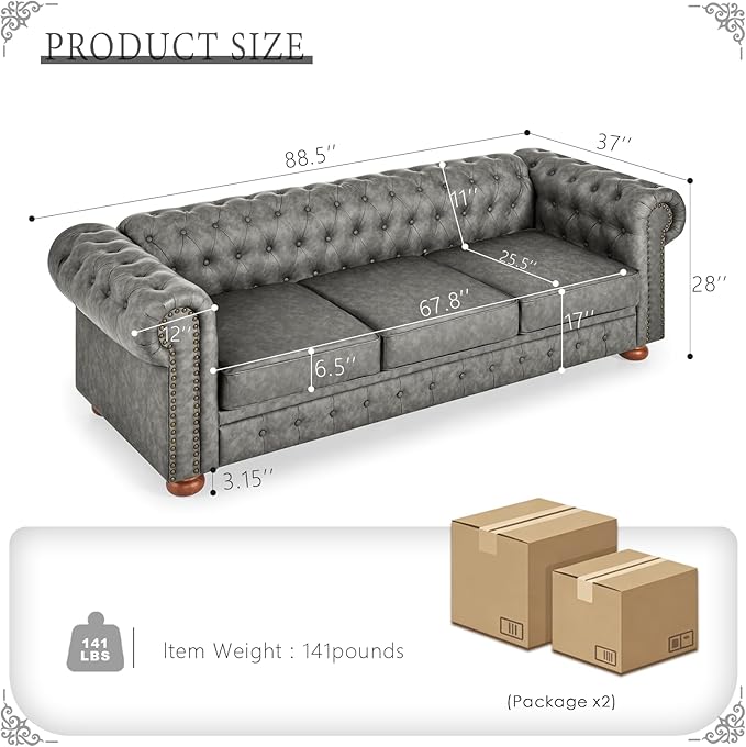 Dreamzie 89 Chesterfield Sofa Couch 3-Seater Leather Vintage Couch Mid Century Modern Sofa with Rolled Arm for Living Room Office Grey