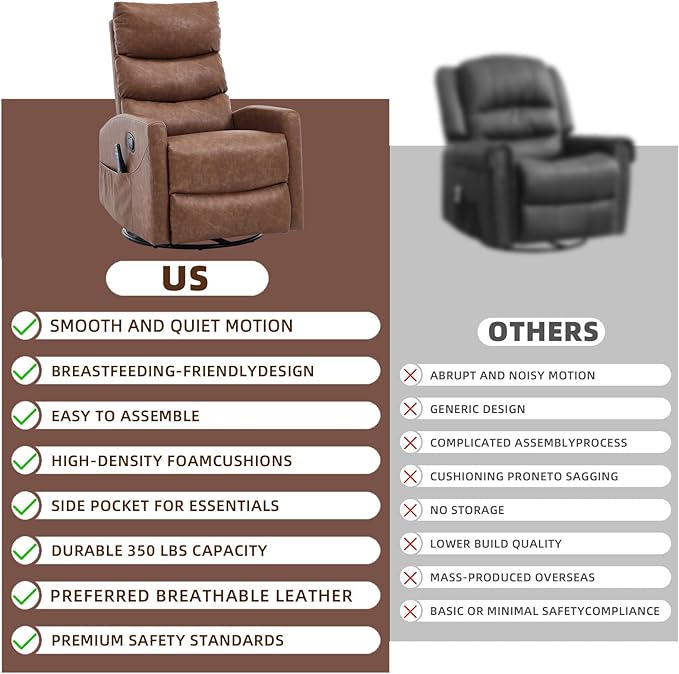 PELUMY 360° Swivel Rocker Recliner with Heat &amp Vibration Massage Glider Rocking Chair for Adults Compact Recliner for Living Room Small Spaces Nursery Bedroom (Breathable Leather Earth Yello