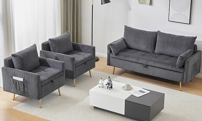 Furnimart 3-Piece Storage Sofa and Couch Set Corduroy Loveseat with 2pc Accent Single Chairs Small Living Room Furniture Set for Apartment Tiny Homes and Lofts 3PC-Gray