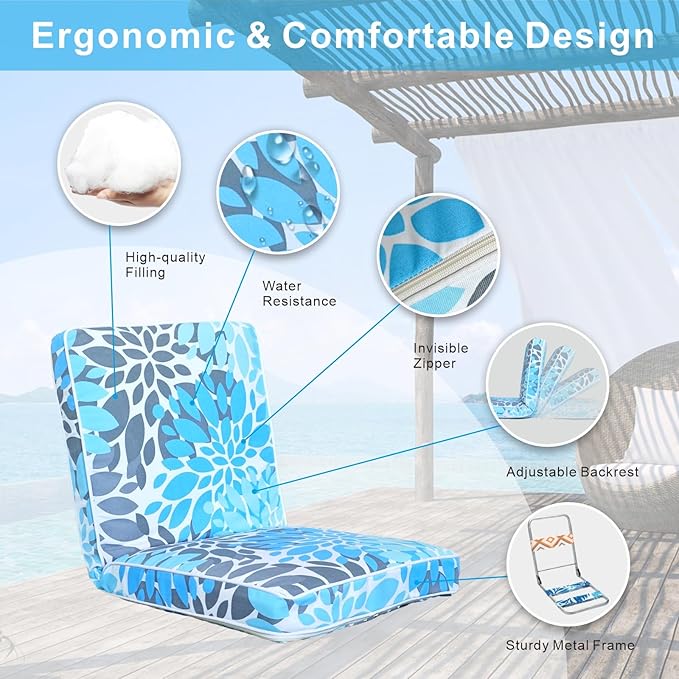 JMGBird Floor Chair with Back Support - Adjustable 5-Position Gaming Chair Waterproof Light Blue Floral Print Indoor Outdoor Meditation Cushion