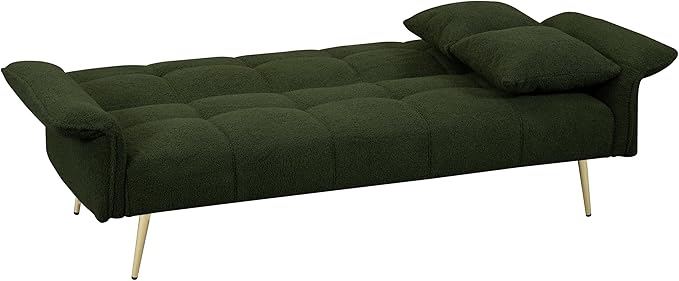 Convertible Sofa Bed Futon Couch Bed with Adjustable Arms and Backrest Modern Love Sofa with Gold Metal Legs for Living Room Bedroom (Teddy Fabric in Green 70.1 Wx31.1 Dx31.5 H)