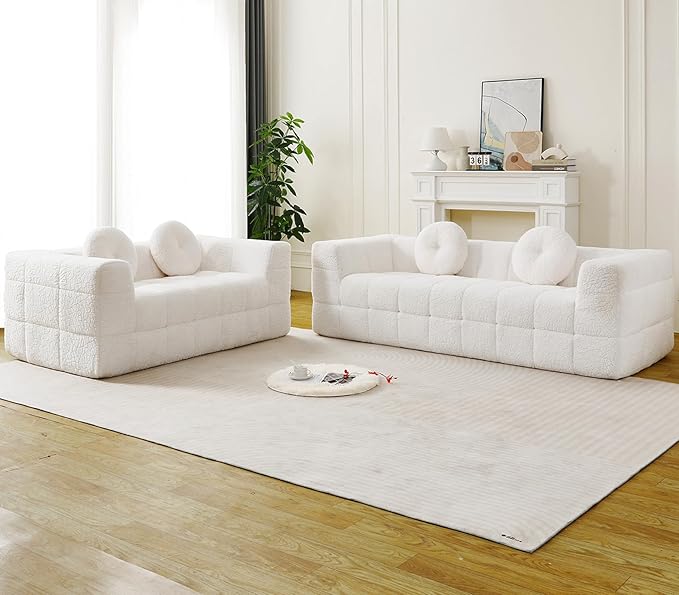 2 Pieces Cloud Couch Set for Living Room 66.5-inch and 84.6-inch Modern Comfy Upholstered Deep Seat Faux Fur Boneless Sofa and Loveseat Set with 2 Pillows for Living Room Bedroom Office Beige