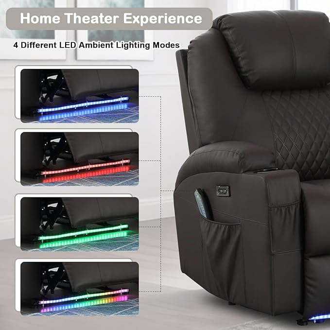 Power Recliner Chair with Heat and Massage for Adults - Home Theater Seating with LED LightsCup HoldersSide PocketUSB Port - Recliner Sofa for Living Room