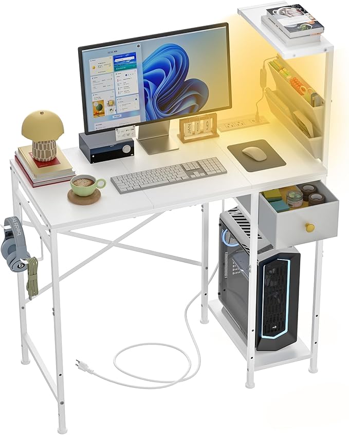 33.7 Computer Desk with Power Outlets LED Lights &amp Drawer Small Office Desk with Storage Bag &amp Hooks Gaming Desk for Bedrooms or Home Office Compact Study Desk for Small SpacesWhite