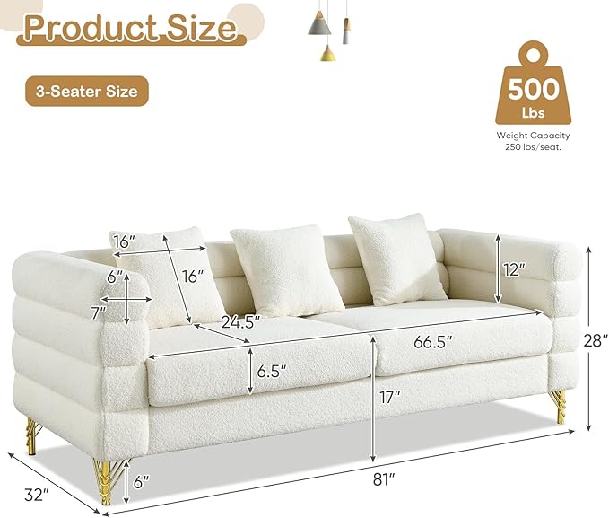 Antetek 81-inch Couches for Living Room Modern Teddy Fabric Upholstered Sofa Couch with Square Arm and 4 Golden Metal Legs for Living Room Office Apartment White