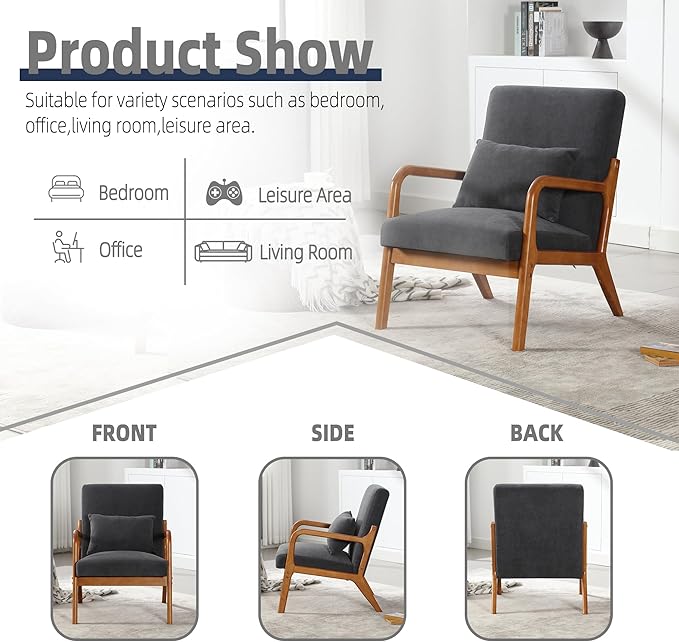 Modern Accent Chair Solid Wood Padding Lounge Armchairs with One Pillow for Living Room Bedroom Guest Room (Gray)
