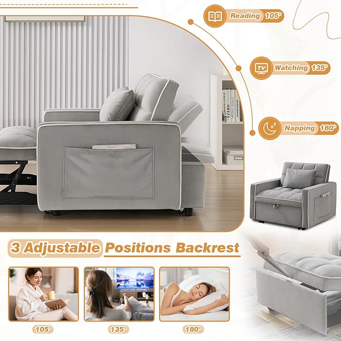 35-inch Futon Sofa Chair with Pull Out Bed Modern Tufted Velvet 3 in 1 Convertible Sleeper Sofa Chair with a Pillow for Small Space Living Room Apartment Bedroom Grey
