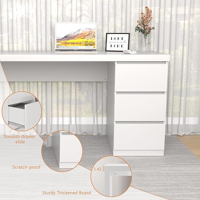 Desk with Drawers White Computer Desk with 3 Drawer Small Space Writing Desk with Drawers for Home Office Modern Simple Design 47 Inch