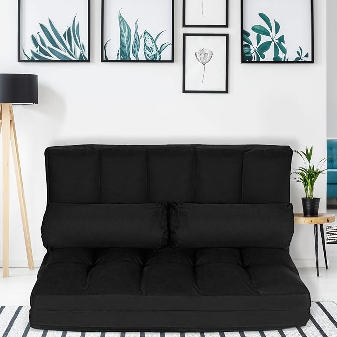 COSTWAY Floor Sofa Couch with 2 Pillows Foldable 6-Position Adjustable Lazy Sofa Bed Sleeper with Metal Frame Soft Suede Fabric Gaming Playing Lounge Recliner for Adults (Black)