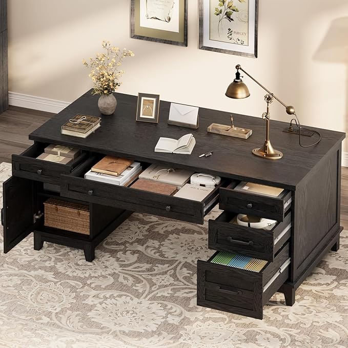 60 Inch Farmhouse Computer Desk with Charging Station &amp File Cabinet Wooden Office Desk with Power Outlets USB Ports and Ample Storage Drawers for Home Workspace Executive Writing Table.