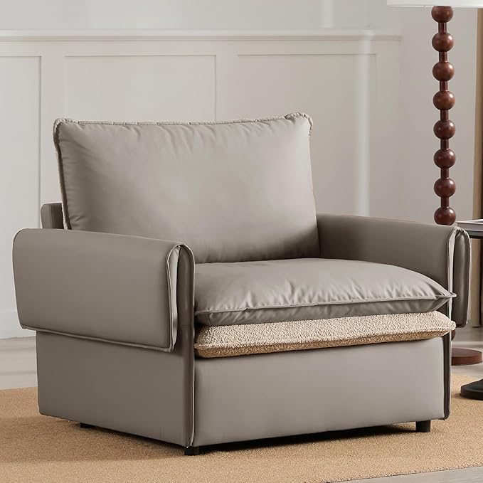 Oversized Leather Accent Chair Modern Armchair Single Reading Chair Lounge Chair43.1'' Wide 23.4 Seat Deepth Comfortable Seating for Living Room Bedroom (Gray Leather 41.1 Width)