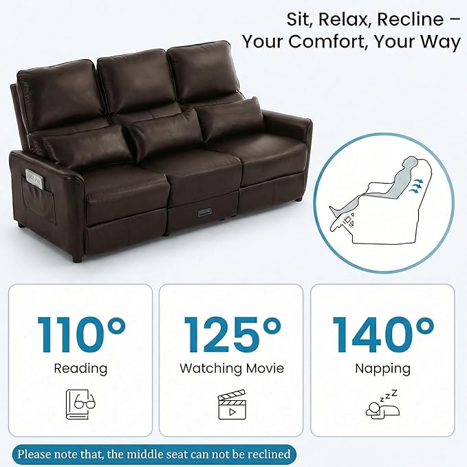 MANBUR 74 RV 3 Seater Recliner Sofa with Flip Backrest &amp Drawer Manual Reclining Couch with USB Ports AC Outlets &amp Cup Holders for RV Living Room Home Theater Seating PU Brown