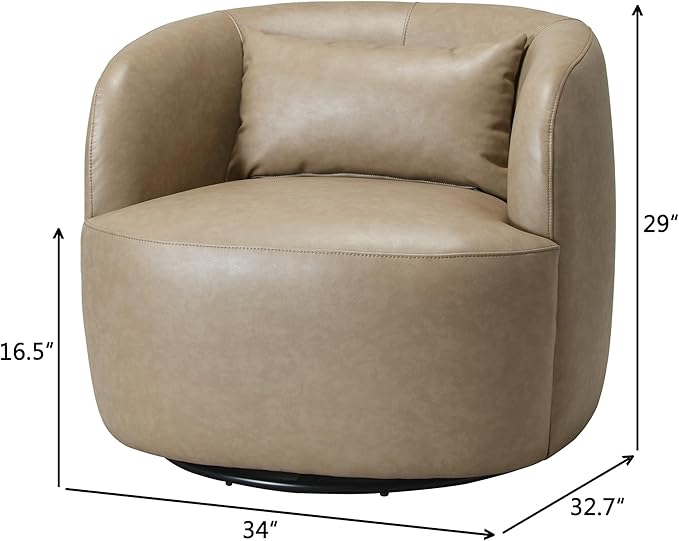 KINWELL Faux Leather Swivel Armchair Set of 2 No Assembly Upholstered PU Leather Swivel Accent Chairs with Toss Pillow for Living Room Office Lounge Khaki