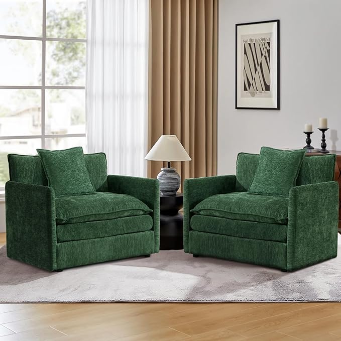 Oversized Accent Chair with Ottoman Modern Cloud Chaise Lounge Chair Indoor with Deep Seat Upholstered Comfy Armchair Reading Chairs Sofa for Bedroom Living Room Apartment Green Chenille