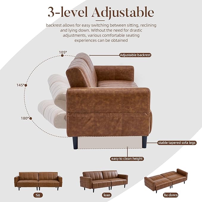 83 Mid Century Modern Futon Sofa Bed 3 Seater Faux Leather Couch with Adjustable Backrest Comfy Upholstered Sleeper Sofa for Living Room Apartment Home Office (Brown)