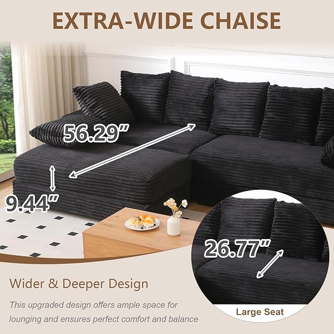 Sectional Sofa with Storage Ottoman Modern Cloud Couch with Deep Seat Modular Sectional Couches for Living Room Apartment Office Black